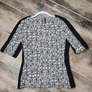 W118 By Walter Baker Elbow Sleeve Cream Black Fleur De Lis Print Knit Top sz M